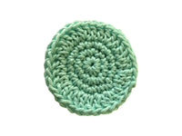 Handmade crocheted cotton facial scrubby in aqua with silver sparkle