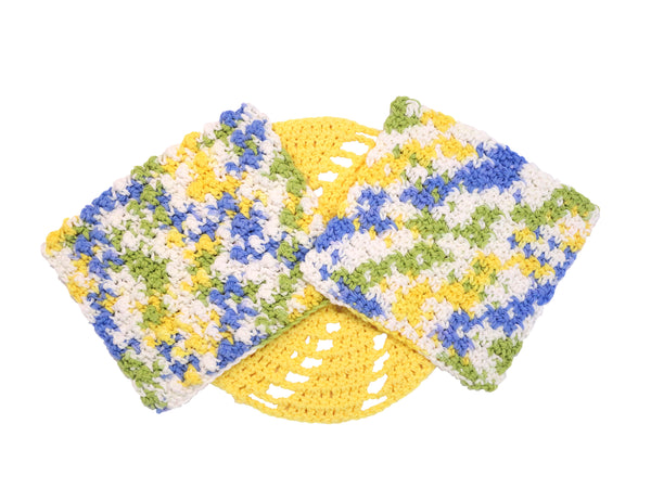 Set of 3 handmade crocheted all cotton dishcloths in yellow, blues, greens, and white