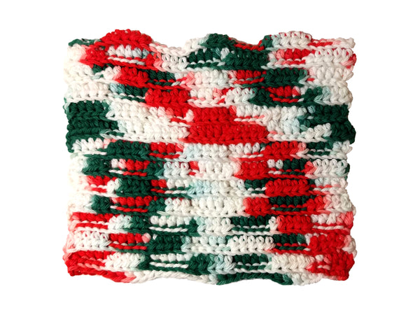 Handmade, Crocheted, Cotton, Dishcloth, Red, Green, Christmas, Holiday