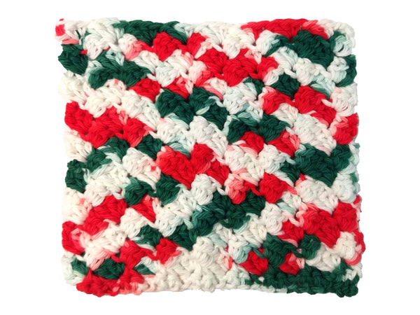 Handmade crocheted cotton Christmas dishcloth in a scalloped pattern