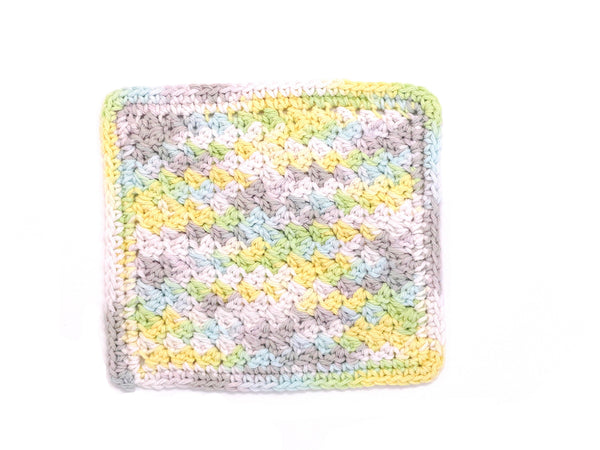 Handmade Crocheted Dishcloth in grays, yellows, greens, and white