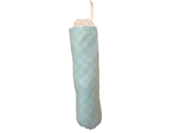 Handmade all cotton plastic bag holder in aqua and white geometric pattern