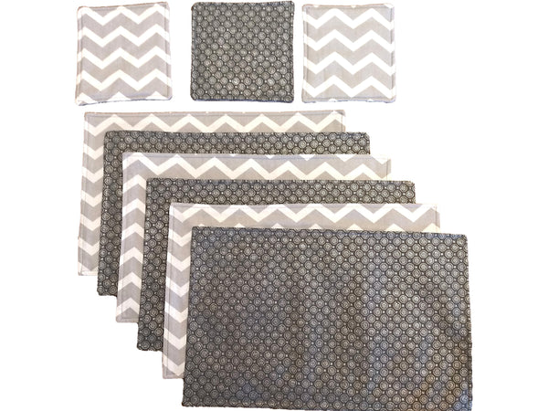 Handmade cotton place mats, fully reversible in shades of gray