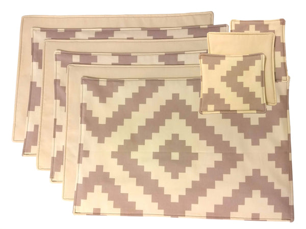 Handmade cotton placemats in shades of beige with geometric pattern