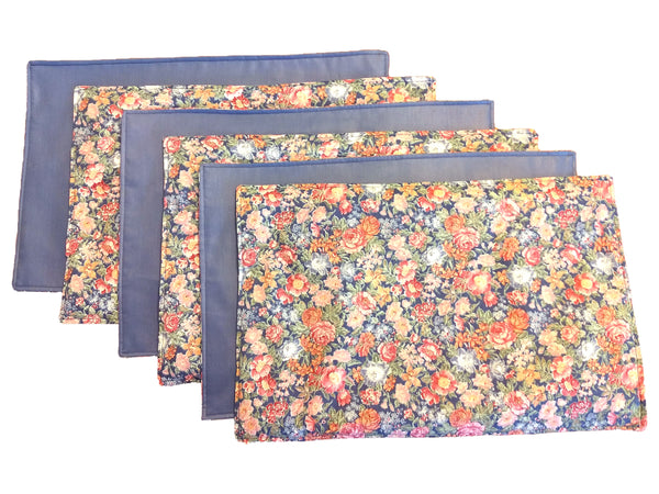 Handmade reversible placemats, set of six, blue and dusky rose