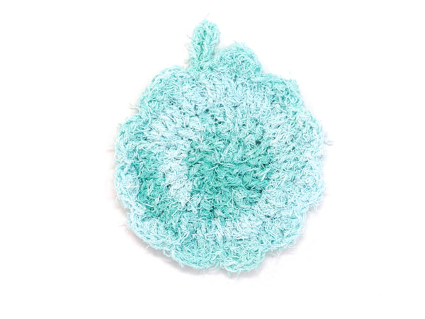Handmade crocheted cotton scrubby in mint greens