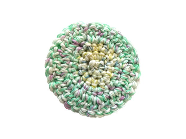 Handmade crocheted facial scrubby in pastels
