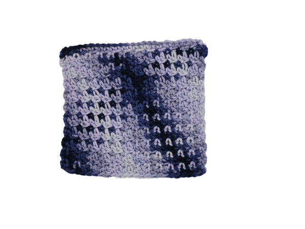 Handmade crocheted wash cloth in blue denim colors