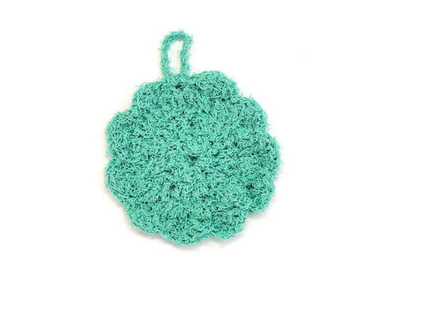 Handmade crocheted cotton scrubby in Fiji green.