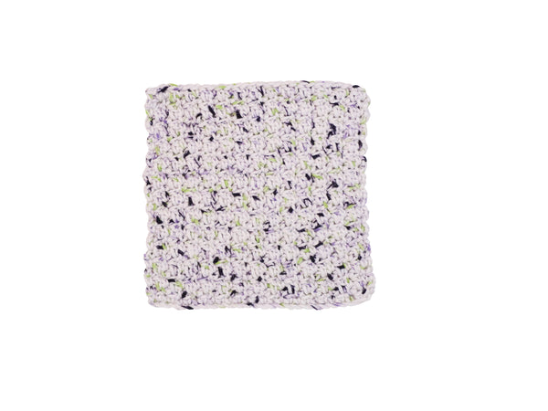 Handmade crocheted wash cloth in whites and purples with dots of lime
