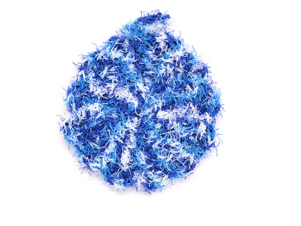 Handmade crocheted polyester scrubby in shades of blue