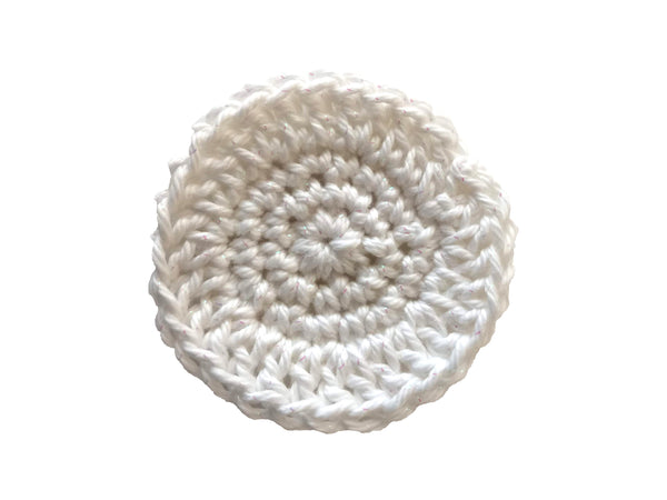 Handmade crocheted cotton white facial scrubby with silver sparkle