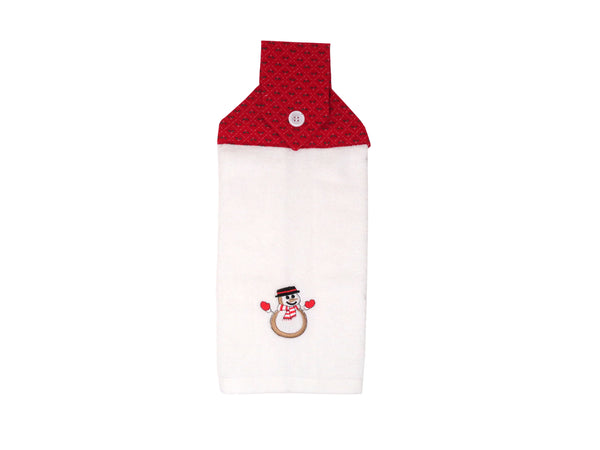 hand towel, hanging hand towel, kitchen hanging hand towel, terry cloth, terrycloth, white, red, snowman