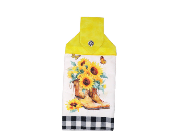 hand towels, hanging handtowels, sunflowers, daisy, daisies, buffalo check, boots, butterflies, yellow, microfiber, gift idea