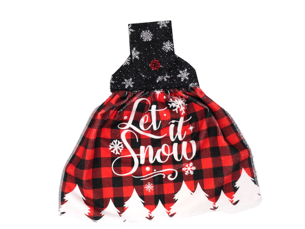 hand towel, hanging hand towel, kitchen, Let It Snow, snowflakes, Buffalo check, plaid, red and black, microfiber